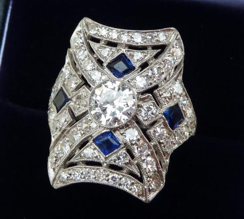 fig 2. Fabulous platinum art deco Sapphire and 1.85ct Diamond cluster vintage antique ring