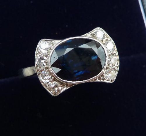 fig 1. 18ct white and platinum gold art deco 2.20ct Sapphire and Diamond cluster 18k vintage antique ring