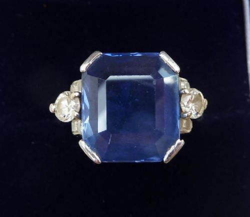 Stunning Platinum Art Deco 10.20ct Emerald Cut Sapphire and Diamond Trilogy Vintage Antique Ring