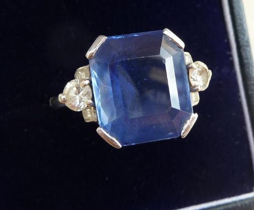 fig 1. Stunning platinum art deco 10.20ct emerald cut Sapphire and Diamond trilogy vintage antique ring