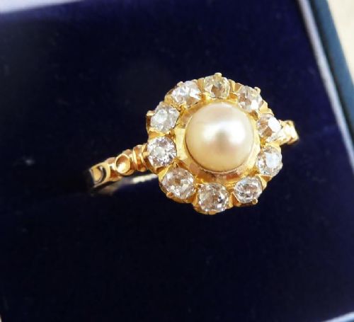 fig 1. Beautiful victorian natural Pearl and 0.70ct Diamond daisy cluster vintage antique ring