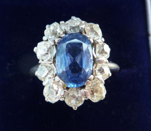 2ct Art Deco Sapphire and 1.50ct Cushion Cut Diamonds 18ct 18k White Gold Cluster Antique Ring