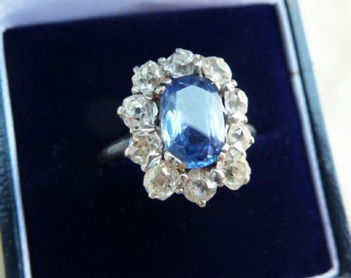 fig 1. 2ct art deco sapphire and 1.50ct cushion cut diamonds 18ct 18k white gold cluster antique ring