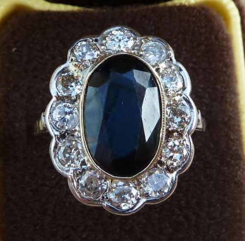 Stunning art deco 18ct 18k white gold 6ct sapphire and diamond cluster vintage antique ring