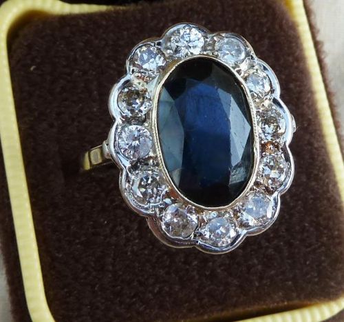 fig 1. Stunning art deco 18ct 18k white gold 6ct sapphire and diamond cluster vintage antique ring