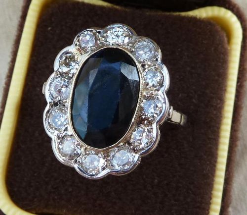 fig 2. Stunning art deco 18ct 18k white gold 6ct sapphire and diamond cluster vintage antique ring