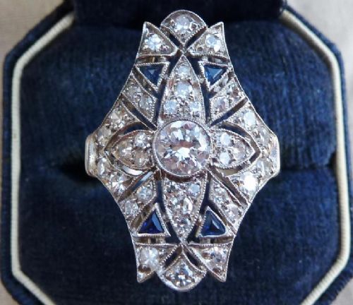 Gorgeous 2.10ct Diamond and Sapphire 18ct 18k White Gold Art Deco Cluster Vintage Antique Ring