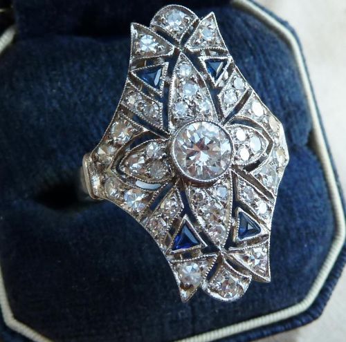 fig 1. Gorgeous 2.10ct Diamond and Sapphire 18ct 18k white gold art deco cluster vintage antique ring
