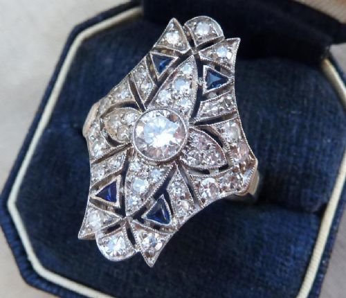 fig 2. Gorgeous 2.10ct Diamond and Sapphire 18ct 18k white gold art deco cluster vintage antique ring
