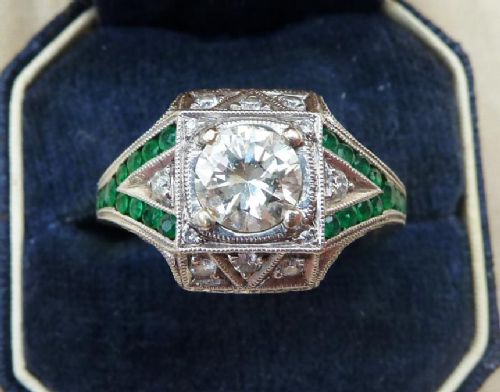 Superb Art Deco Geometric 1ct Diamond and Emeralds Platinum Engagement Vintage Antique Ring