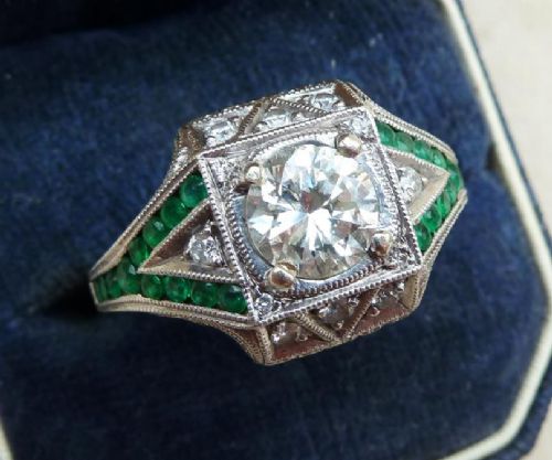 fig 1. Superb art deco geometric 1ct diamond and emeralds platinum engagement vintage antique ring