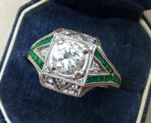 fig 2. Superb art deco geometric 1ct diamond and emeralds platinum engagement vintage antique ring