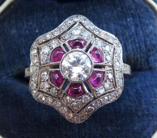 Big Beautiful Ruby and 1.66ct Diamond 18ct 18k White Gold Boule Vintage Antique Cluster Ring