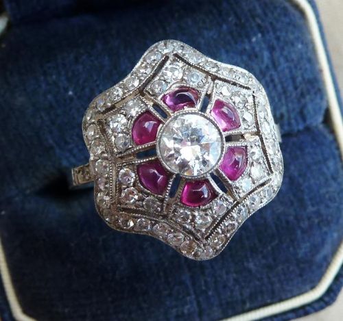 fig 1. Big beautiful Ruby and 1.66ct Diamond 18ct 18k white gold boule vintage antique cluster ring