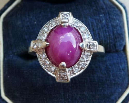 Stunning Art Deco 3ct Star Ruby 18ct 18k White Gold Diamond Vintage Antique Cluster Ring