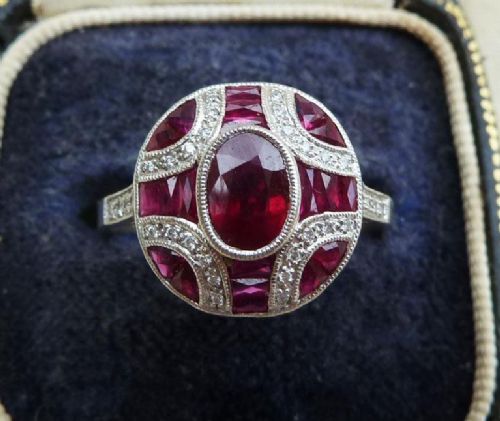 Superb 1.80ct Ruby and Diamonds 18ct 18k White Gold Cluster Art Deco Vintage Antique Ring