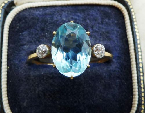 Big Beautiful 3.50ct Aquamarine Diamonds Trilogy 18ct 18k and White Gold Vintage Antique Ring