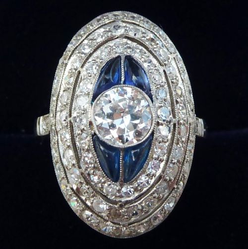 Stunning Platinum Art Deco 2.35ct Diamond and Sapphire Cluster Vintage Antique Boule Ring