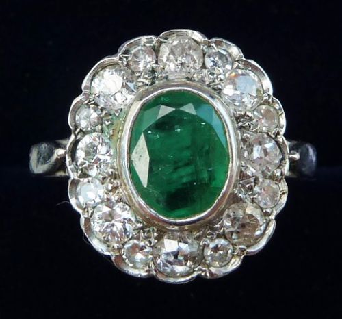 Gorgeous Art Deco Platinum 1.25ct Emerald and 1.60ct Diamond Vintage Antique Cluster Ring