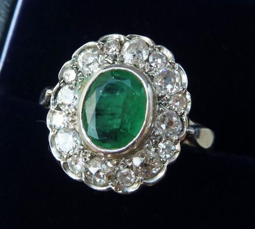 fig 1. Gorgeous art deco platinum 1.25ct emerald and 1.60ct diamond vintage antique cluster ring