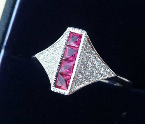 fig 1. Beautiful 18ct white gold 1ct ruby and diamond cluster vintage antique ring