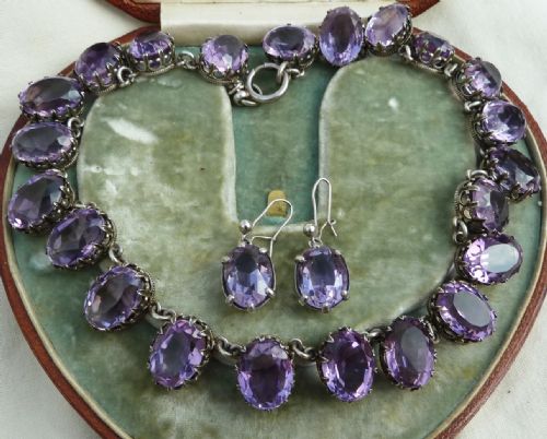 Stunning Early Victorian 132ct Amethyst Silver Choker Necklace and Earrings Set