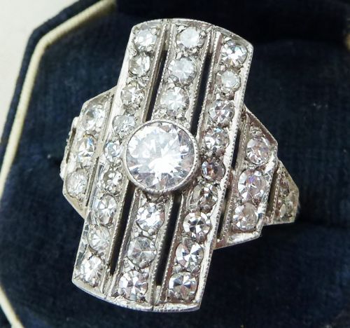 fig 1. Stunning platinum art deco 2.36ct diamond elongated vintage antique cluster ring