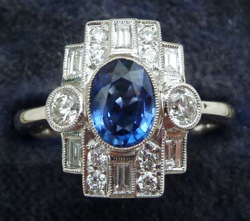 Stunning 18ct 18k White Gold Art Deco 1ct Sapphire and 1ct Diamonds Vintage Antique Cluster Ring