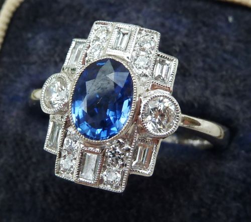fig 1. Stunning 18ct 18k white gold art deco 1ct sapphire and 1ct diamonds vintage antique cluster ring