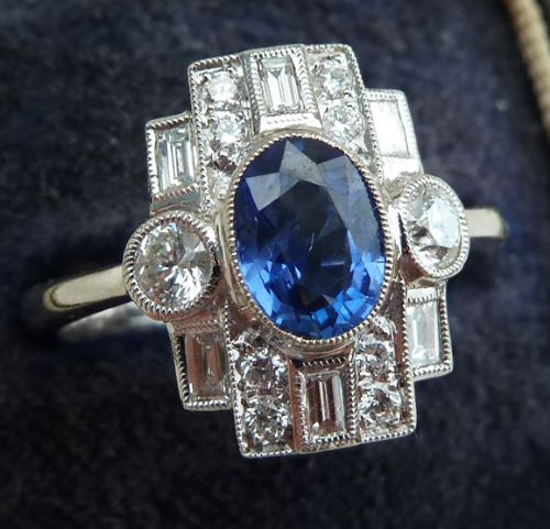 fig 2. Stunning 18ct 18k white gold art deco 1ct sapphire and 1ct diamonds vintage antique cluster ring