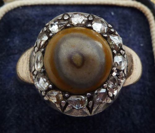 Big Georgian 18ct Gold Silver 0.84ct Rose Cut Diamond and Tigers Eye Vintage Antique Ring Q1/2
