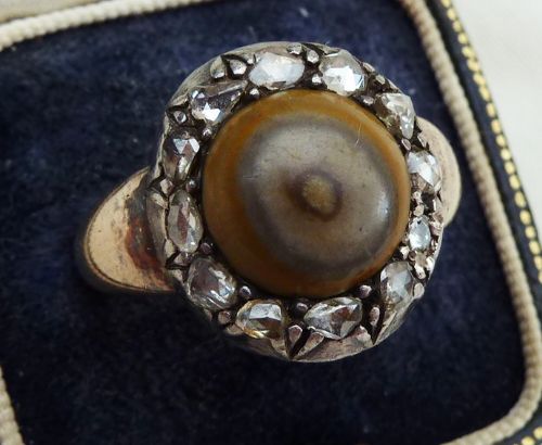 fig 1. Big georgian 18ct gold silver 0.84ct rose cut diamond and tigers eye vintage antique ring Q1/2