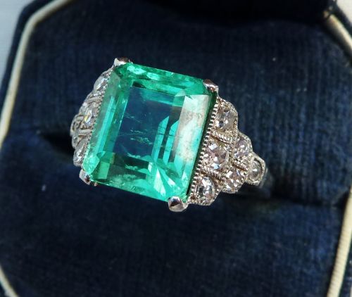 fig 1. Fabulous art deco 18ct 18k white gold 3.92ct colombian emerald and diamonds vintage antique ring