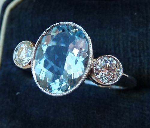 fig 1. Gorgeous 18ct 18k white gold 2.4ct oval cut aquamarine and diamond trilogy vintage antique ring