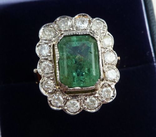fig 1. Beautiful edwardian 18ct and white gold 3ct emerald and diamond cluster vintage antique ring