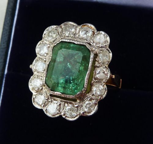 fig 2. Beautiful edwardian 18ct and white gold 3ct emerald and diamond cluster vintage antique ring