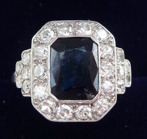 Stunning Art Deco 18ct 18k White Gold 2ct Sapphire and Diamond Cluster Vintage Antique Ring