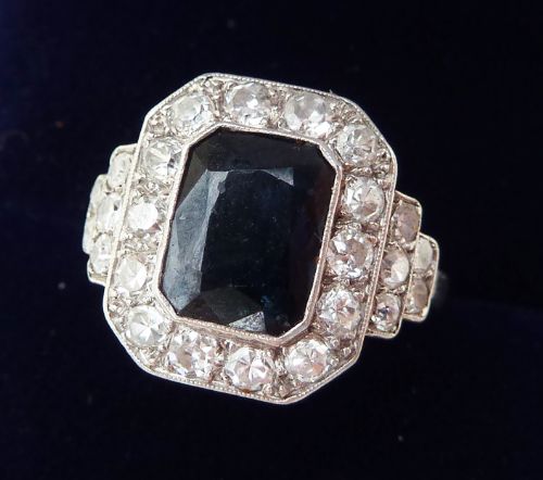 fig 1. Stunning art deco 18ct 18k white gold 2ct sapphire and Diamond cluster vintage antique ring