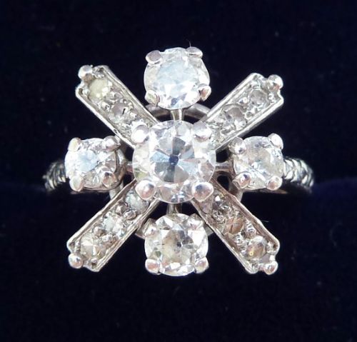 Gorgeous Platinum Art Deco 1ct Diamond Cluster Cross Vintage Antique Ring