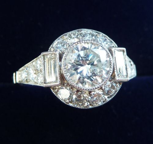 fig 1. Gorgeous 18ct 18k white gold art deco 1.60ct Diamond & baguette cut cluster vintage antique ring