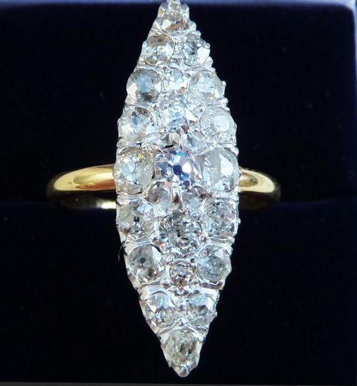 Stunning 18ct 18k Gold Victorian 1.55ct Marquise Navette Cushion Cut Diamond Vintage Antique Ring