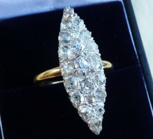 fig 1. Stunning 18ct 18k gold victorian 1.55ct marquise navette cushion cut diamond vintage antique ring