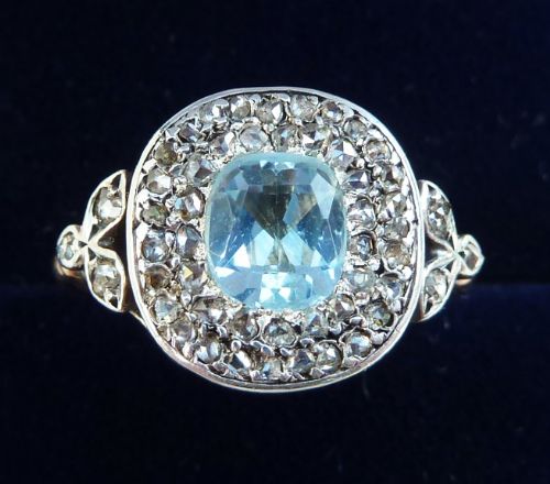 Beautiful 18ct 18k Gold Silver Georgian Aquamarine and Rose Cut Diamond Cluster Vintage Antique Ring