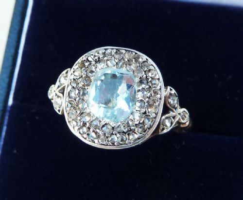 fig 1. Beautiful 18ct 18k gold silver georgian Aquamarine and rose cut Diamond cluster vintage antique ring