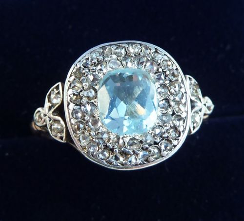 fig 2. Beautiful 18ct 18k gold silver georgian Aquamarine and rose cut Diamond cluster vintage antique ring