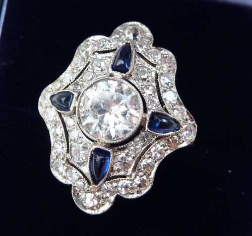 fig 1. Stunning platinum art deco sapphire and 1.70ct diamond cluster vintage antique ring