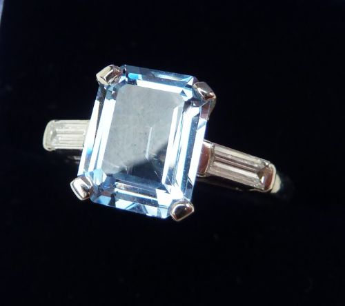 fig 1. Gorgeous platinum art deco 3ct aquamarine and baguette diamond trilogy vintage antique ring