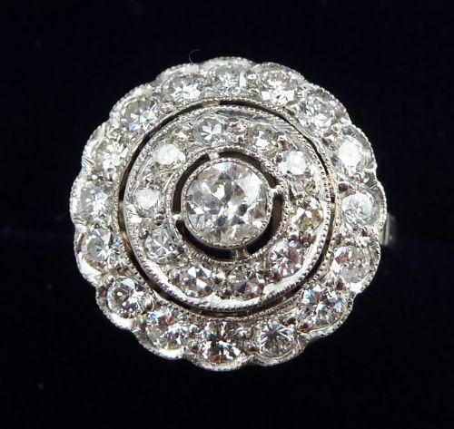 Gorgeous Platinum Art Deco 1.30ct Diamond Cluster Target Vintage Antique Ring