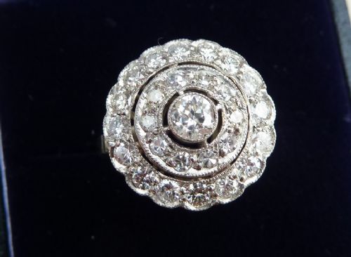 fig 1. Gorgeous platinum art deco 1.30ct Diamond cluster target vintage antique ring
