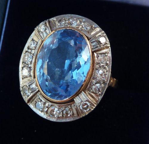 fig 1. Big beautiful 18ct and platinum art deco 5ct Aquamarine Diamond cluster vintage antique ring